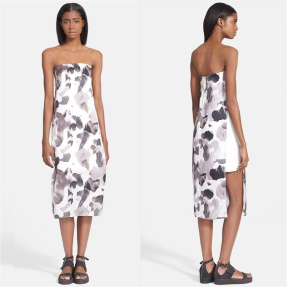 HELMUT LANG 'Crypsis Print' Strapless Silk Dress